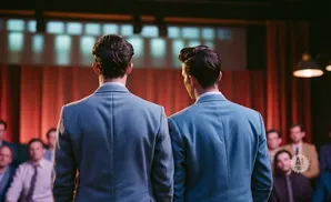 Two men in blue suits face away from the camera, standing before an audience.