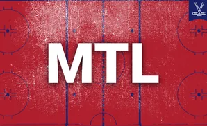 Red hockey rink with blue lines and markings, and a small white banner with crossed hockey sticks.