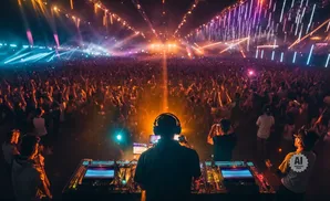DJ performing for a large crowd at a vibrant concert with colorful stage lights.