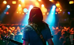 A musician with dark hair, wearing a denim shirt, plays guitar on stage for a cheering crowd.