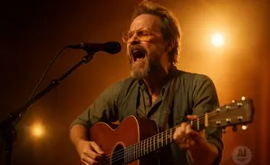 A man with a beard and glasses sings into a microphone while playing an acoustic guitar under warm stage lights.