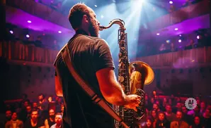 A man plays a saxophone on a stage with a spotlight and a purple-lit audience.