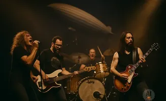 A band plays on stage with a zeppelin in the background.