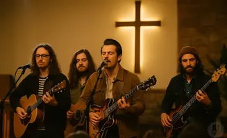 A band plays music in front of a glowing cross in a dimly lit room.