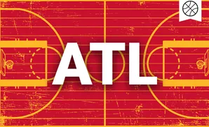 A stylized, distressed red and yellow basketball court with a small basketball icon in the top right corner.