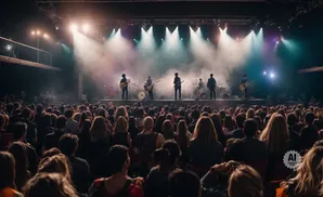 A band performs on stage for a large audience in a concert hall.
