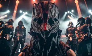 A person in a dark, ornate mask stands in front of others in similar costumes on a stage with red and white lights.