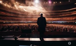 A man in a suit stands on a stage facing a large stadium crowd, bathed in dramatic lighting.