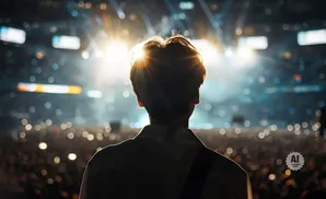 A person silhouetted against bright stage lights at a concert, facing a cheering crowd.