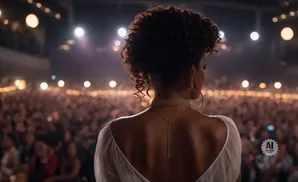 A woman with curly hair and a white dress stands on a stage facing a large, cheering crowd.