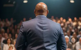 A man in a suit stands facing away from the camera, addressing an audience in a darkened room.