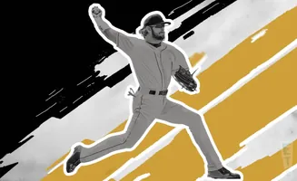 Baseball pitcher in mid-throw, wearing a gray uniform and a cap.