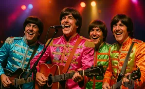 Four men in colorful Beatles-inspired outfits play guitars on stage, smiling.