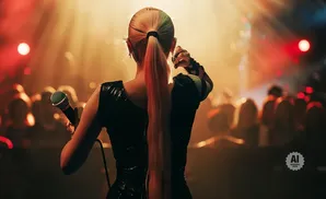 A woman with a long blonde ponytail sings into a microphone on stage, bathed in golden stage lights.
