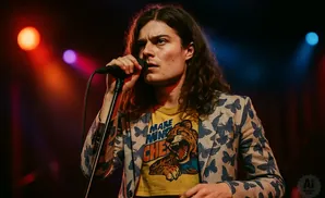 A young man with long, wavy brown hair sings into a microphone on stage. He wears a yellow t-shirt with a tiger graphic and a jacket with a blue butterf…