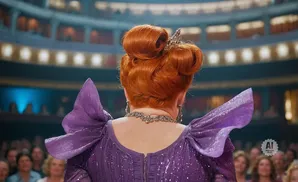 Back view of a woman with an elaborate red updo, wearing a sparkly purple gown with puffed sleeves.