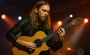 Musician with long hair playing an acoustic guitar on stage with orange and blue lights.