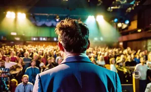 Back of man in suit facing a large, brightly lit audience.