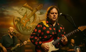 A band performs on stage, with a guitarist in a red polka-dot shirt and a bassist in the background.