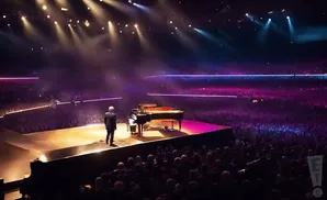 A man in a suit stands before a grand piano on a brightly lit stage, facing a large, dark audience.