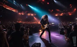 A guitarist performs for a cheering crowd at a concert.