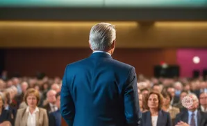 Man in a blue suit speaks to an audience in a large room.