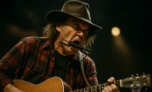 Neil Young in a hat and red plaid shirt plays guitar and harmonica.