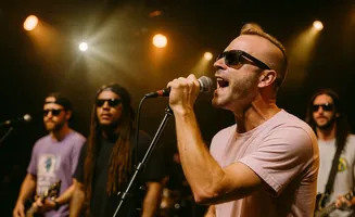 A male singer in sunglasses belts into a microphone on stage with his band.