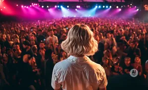 Blonde person in white shirt facing a large, cheering crowd at a concert with pink and blue stage lights.