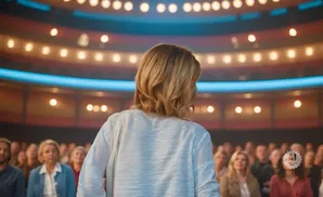 Woman in white shirt addresses a seated audience in an auditorium.