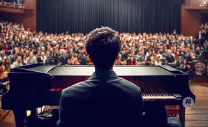 A pianist in a suit faces a large audience from behind a grand piano, with a blurred background.