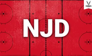 Red hockey rink with black lines and circles, and crossed hockey sticks icon in the upper right.