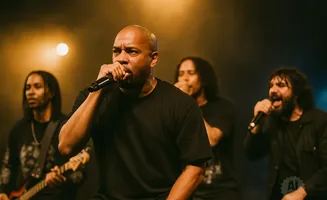 A band performs on stage; the lead singer in front holds a microphone.