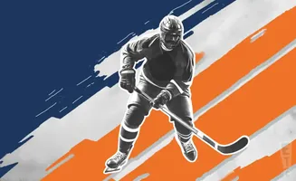 A black and white hockey player skates with a stick against a background of blue, white, and orange stripes.