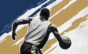 A basketball player dribbles a ball with a blue, gold, and white abstract background.