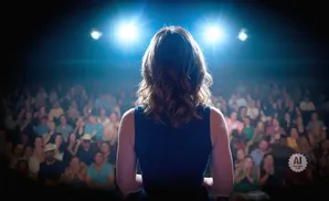 Woman speaking to a large, captivated audience on a brightly lit stage.