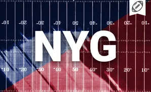 American football field with blue and red sections, numbered yard lines, and a football icon.