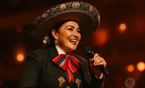 A woman in a mariachi outfit smiles and sings into a microphone.