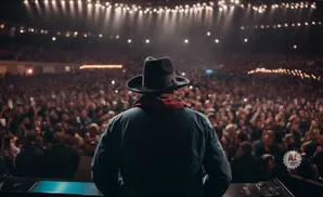 Man in a hat and jacket on stage facing a large, cheering audience.