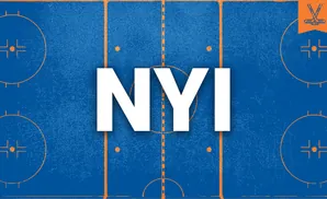 An abstract, textured graphic of a blue hockey rink with orange lines and markings.