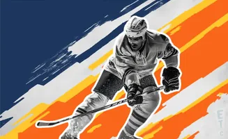 A black and white image of a hockey player in action, set against a vibrant blue and orange background with abstract brushstrokes.