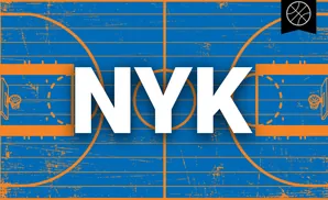 A distressed blue basketball court with orange lines and hoops.
