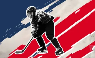 A black and white hockey player is silhouetted against a red, white, and blue abstract background.