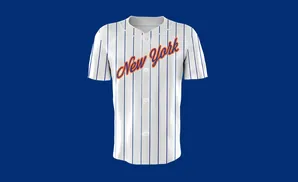 New York Mets baseball jersey with white pinstripes and orange 