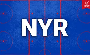An abstract, textured blue hockey rink with red lines and circles, and a small icon of crossed hockey sticks.