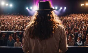 A performer with long, wavy hair and a hat faces a cheering crowd under stage lights.