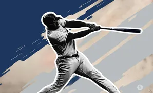 A baseball player swings a bat against a textured background with bold strokes of blue, tan, and gray.