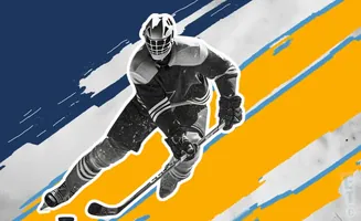 A black and white image of a hockey goalie in action against a backdrop of blue and yellow brush strokes.
