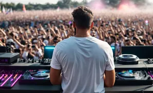 DJ performing for a large crowd at an outdoor music festival.