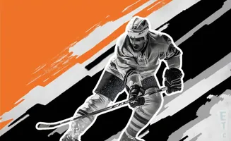 A hockey player skates with a stick, set against an abstract background of orange, black, and white stripes.